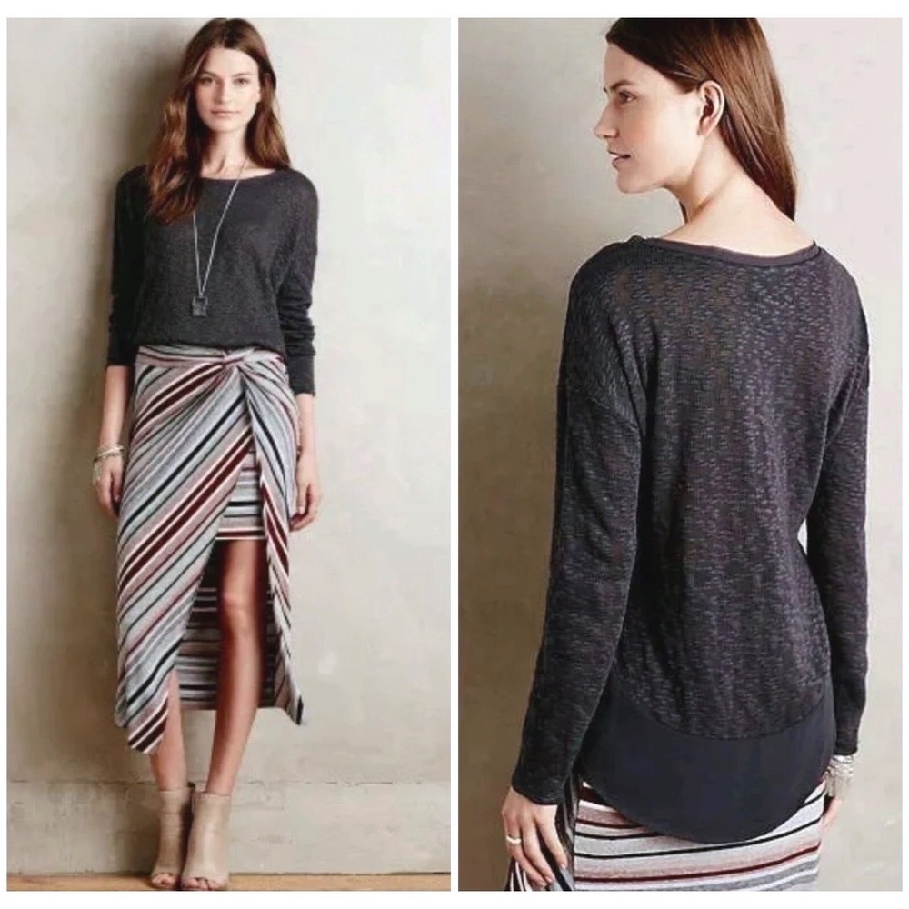 Anthropologie‎ Deletta Blue Pullover Knit Chiffon Hem Long Sleeve Top Size Small